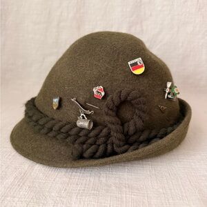 Vintage Green Wool Hat with Pins
